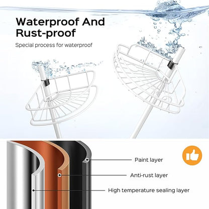HAMITOR Corner Shower Caddy Tension Pole: Rustproof Bathroom Organizer Shelves for Bathtub Shampoo Accessories Storage Holder