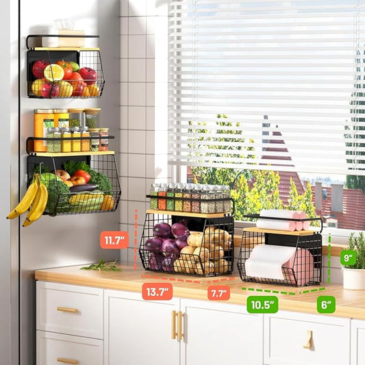 Ofiray-home Magnetic Shelf for Fridge with Wood Lid, Fruit Potato and Onion Storage Bins, Pantry Organizers & Storage, Large 