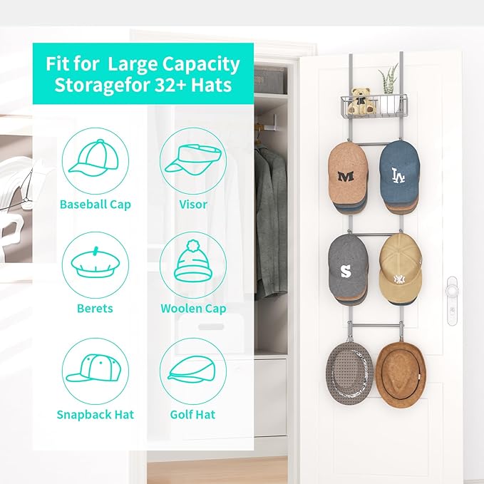 HapiRm Over Door Hat Rack - 2 Packs Wall Mounted Hat Holder with 6 Hooks and Metal Basket Design, Baseball Cap Organizer Stor