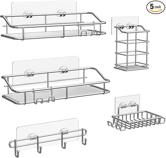 Nieifi Shower Caddy Shelf with Hooks Storage Rack Organizer Adhesive Stainless Steel without Drilling for Bathroom, Lavatory,