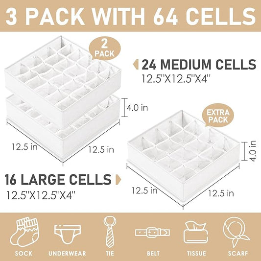 Criusia 3 Pack Sock Underwear Drawer Organizer Dividers, 64 Cell Fabric Foldable Cabinet Closet Organizers and Storage Boxes 