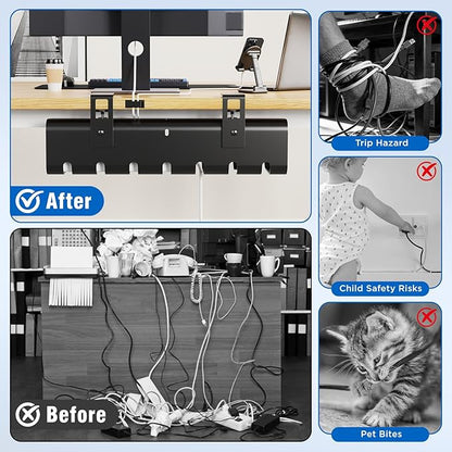 2 Pack No-Drill Under Desk Cable Management Tray 33.8 inch Large Wire Cord Organizers, Cable Management Under Desk for Home and Office No Damage Black
