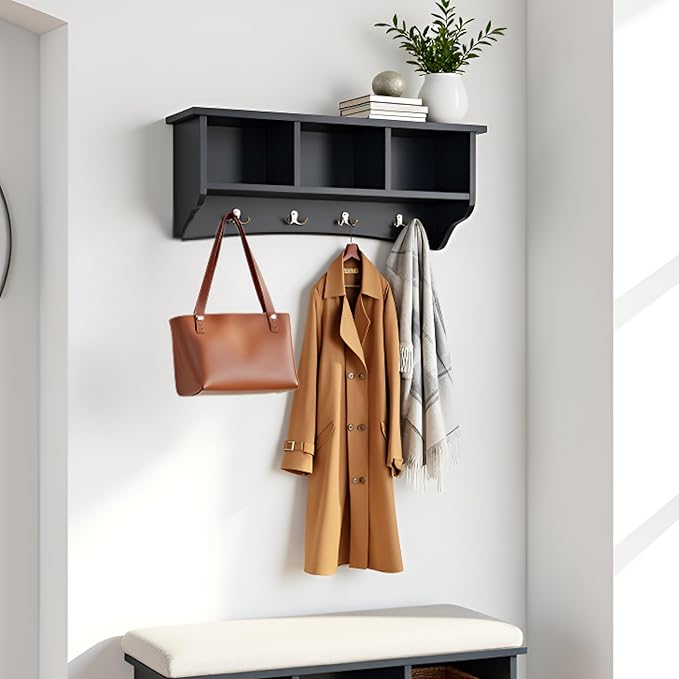 Shaker Cottage Wall-Mounted Coat Rack with 3 Storage Cubbies and 4 Coat Hooks – 36" W x 9" D x 14" H Space-Saving Entryway Or