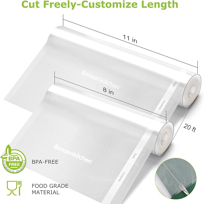 Bonsenkitchen Vacuum Sealer Rolls Bags, 6 Pack 3 Rolls 11" x 20' + 3 Rolls 8" x 20' Commercial Grade BPA Free Bag Rolls, Dura