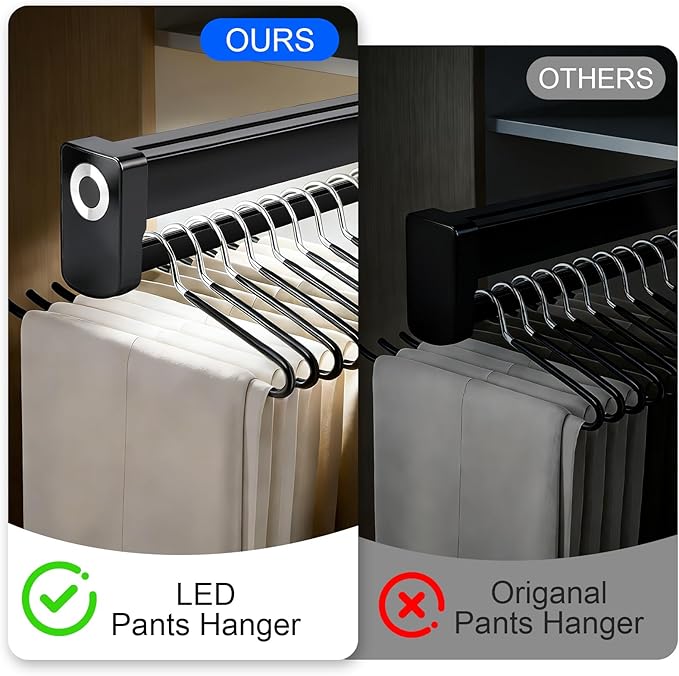 Pull Out Closet Valet Rods with LED Lighting, Adjustable Heavy Duty Steel Clothes Storage Hanger Rail, Sliding Top Mounted Wa