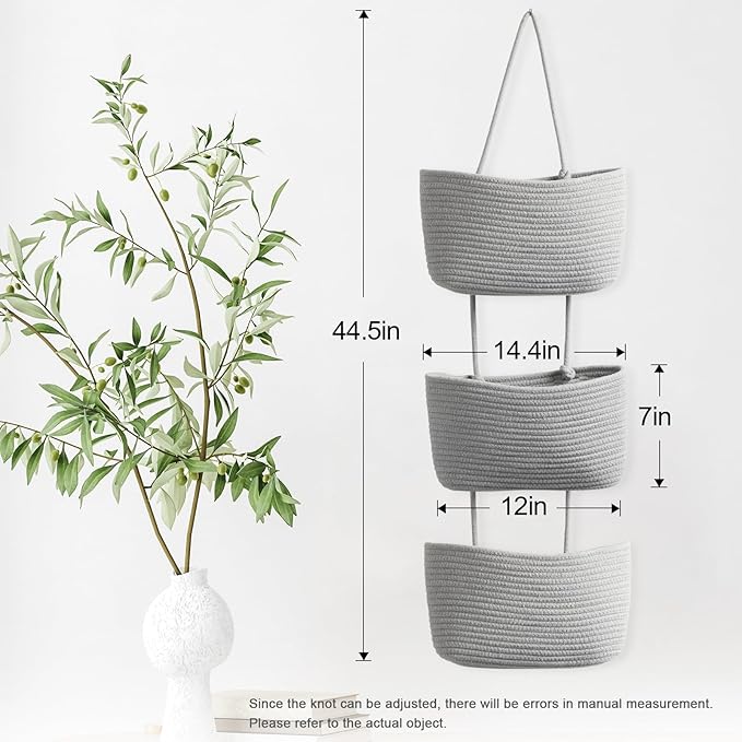 TeoKJ Over the Door Hanging Basket, 3-Tier Woven Cotton Wall-Mounted Storage Organizer Bag Decorative Hanging Nursery Baskets