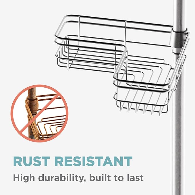 Zenna Home Tension Pole Shower Caddy Corner Organizer, Adjustable Standing Shower Caddy with 4 L-shaped Baskets and Hooks, Ru