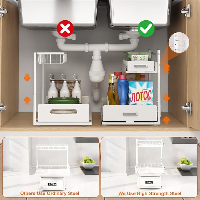Under Sink Organizer,2 Tier Slide Out Kitchen Cabinet Organizers with Pulley,Under Bathroom Sink Pull Out Organizer with Mult
