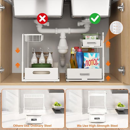 Under Sink Organizer,2 Tier Slide Out Kitchen Cabinet Organizers with Pulley,Under Bathroom Sink Pull Out Organizer with Mult