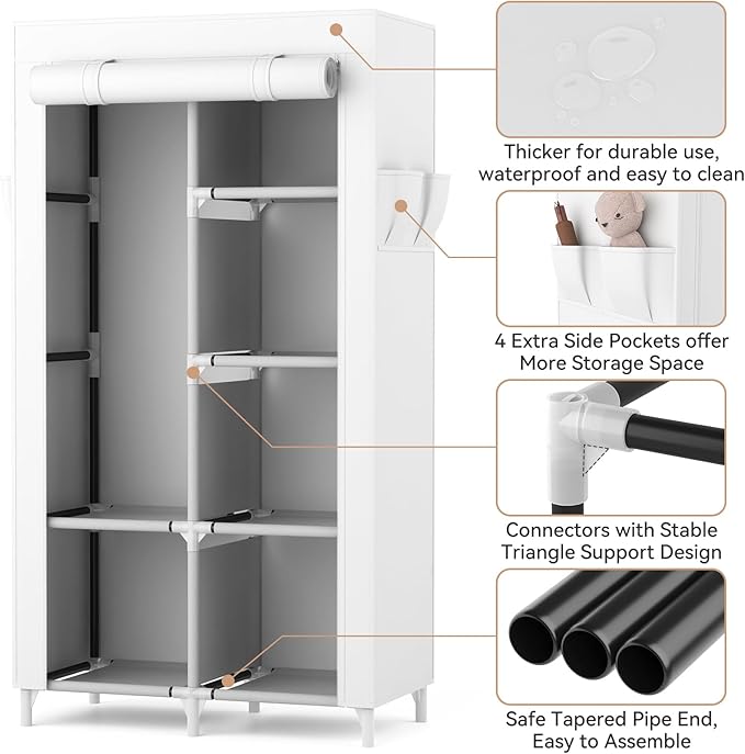 ROJASOP Portable Closet Wardrobe Closet for Hanging Clothes with 6 Storage Shelves, 1 Hanging Rod and 4 Pockets, Clothes Orga