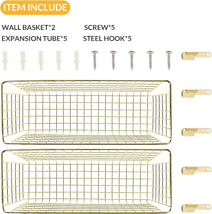 2 Sets Extra Large Hanging Wall Basket, Gold Metal Wire Baskets with Steel Hooks for Organizing, WallmountedFruit Vegetable T