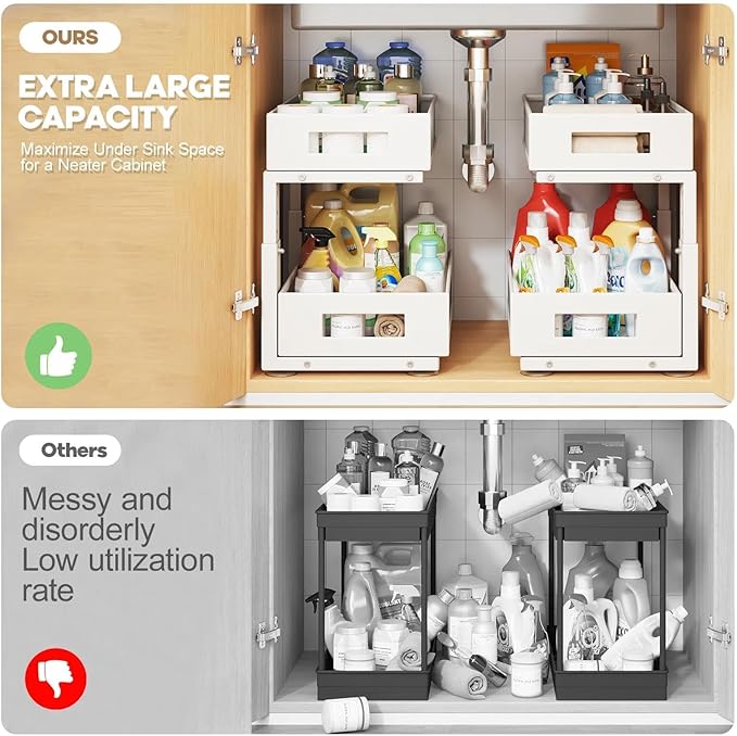 Under Sink Organizer, 2-Tier Dual Pull Out Cabinet Organizer Drawers With Smooth Circular Rail, Large Capacity Metal Mesh Sli