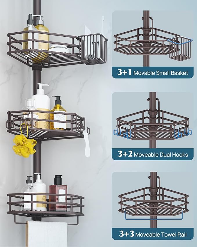 SEIRIONE Corner Shower Caddy Tension Pole, Adjustable Shower Organizer Corner with 4 Shelves, No Drilling Shower Shelf for In