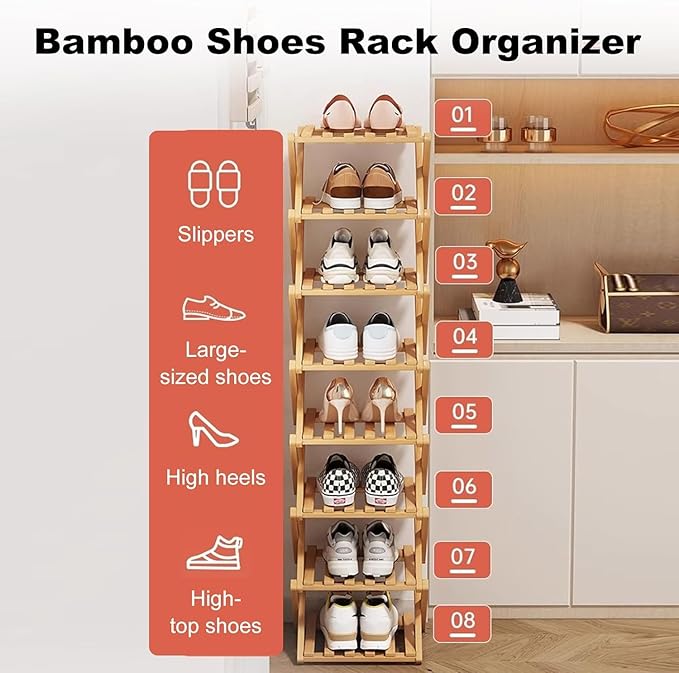 YYW Bamboo Shoe Rack for Entryway, Free Free Standing Shoe Racks Shelf Closet, Foldable Vertical Shoe Storage Organizer for L
