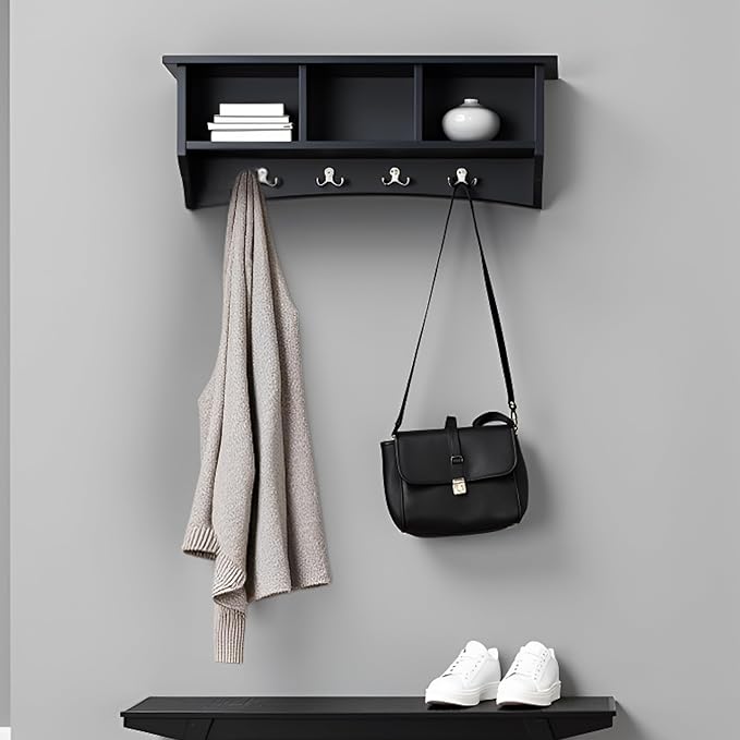 Shaker Cottage Wall-Mounted Coat Rack with 3 Storage Cubbies and 4 Coat Hooks – 36" W x 9" D x 14" H Space-Saving Entryway Or