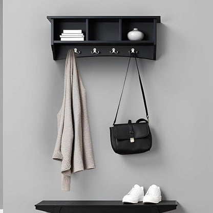 Shaker Cottage Wall-Mounted Coat Rack with 3 Storage Cubbies and 4 Coat Hooks – 36" W x 9" D x 14" H Space-Saving Entryway Or
