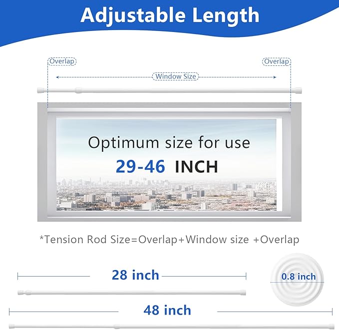 Goowin Tension Curtain Rod 28 to 48 Inch, 5/8" Diameter No Drilling Small Tension Rod, Expandable Spring Loaded Curtain Rods,