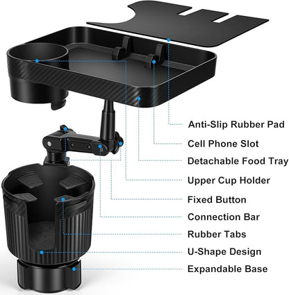 Car Cup Holder Tray, Car Food Tray for Eating with Phone Holder, Large Car Cup Holder Expander with Adjustable Base, Fit in 2