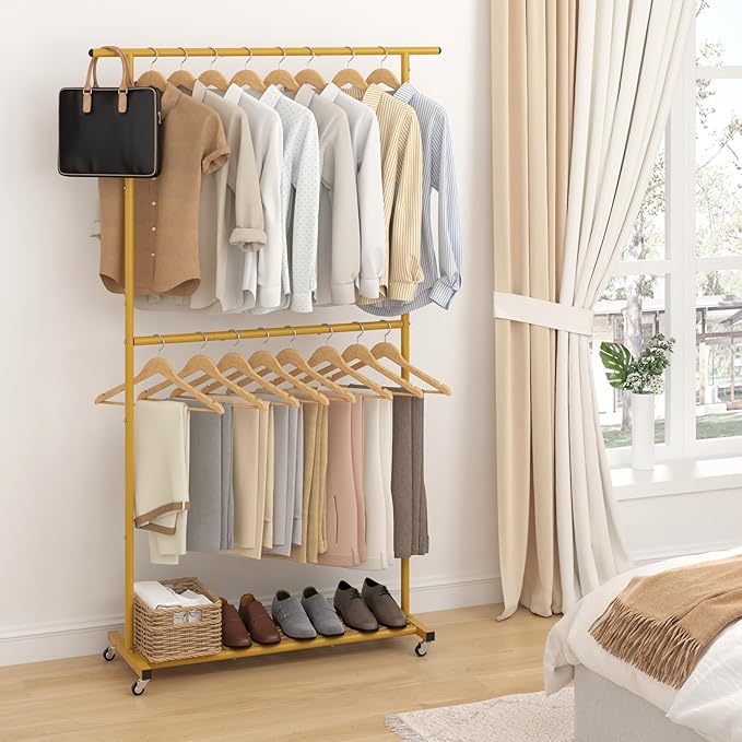 Sywhitta Double Rod Clothing Garment Rack, Rolling Coat Hanger with Bottom Mesh, Clothing Rack for Hanging Clothes, Coats, Sk