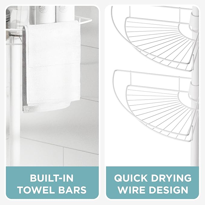 Zenna Home Tension Pole Shower Caddy Corner Organizer, Adjustable Standing Shower Caddy with 4 Baskets and Built in Towel Bar