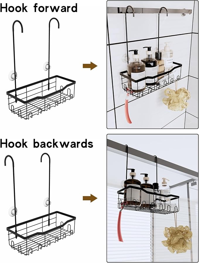 Slizy Hanging Shower Rack, Black Bathroom Storage Rack, Bathroom Door Organizer, Hanging Shower Basket, Shampoo Holder, No Dr