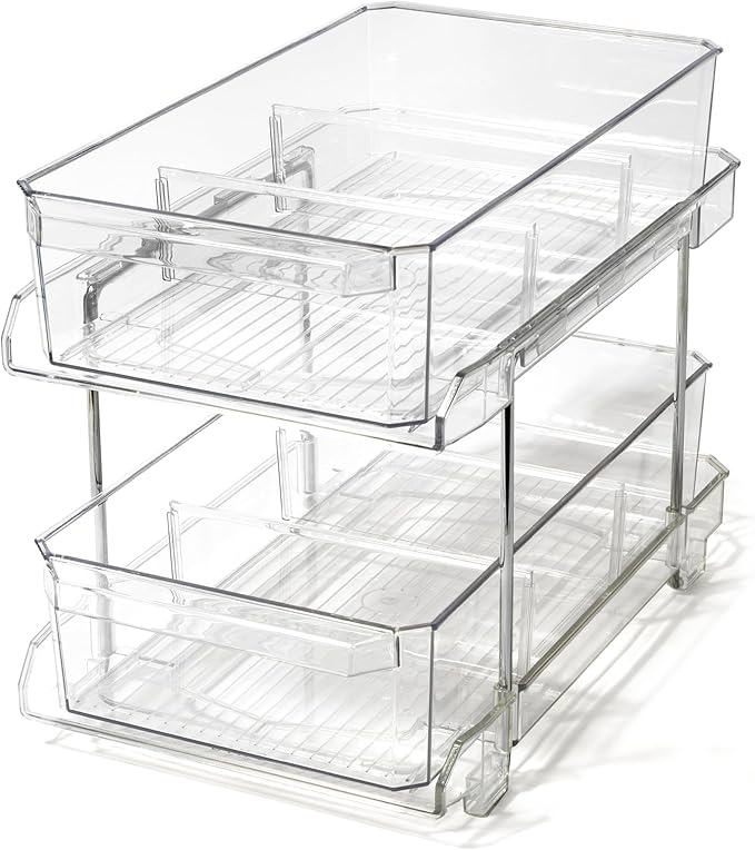BINO 2 Tier Clear Storage Organizer with Dividers | Slide Out Drawer for Under Sink or Medicine Cabinet | Bathroom Closet, Va