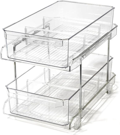 BINO 2 Tier Clear Storage Organizer with Dividers | Slide Out Drawer for Under Sink or Medicine Cabinet | Bathroom Closet, Va