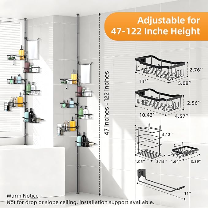 Shower Caddy Corner, 6 Tier Tension Pole Rod Bathroom Organizer Shelves, Adjustable Bathtub Shampoo Stand Rack with Towel Rac