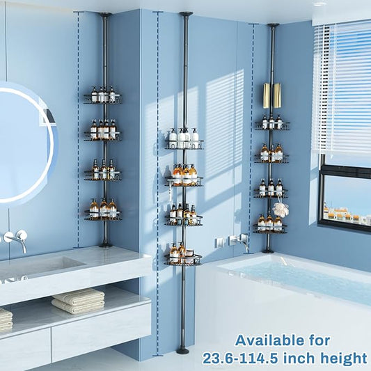 Rustproof Corner Shower Caddy Tension Pole, 4 Large Baskets for Bathtub Shampoo Storage Organizer Bathroom Height Adjustable 