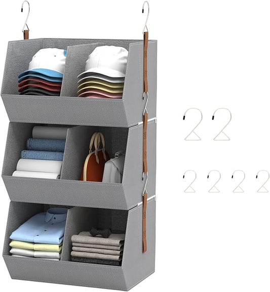 1 Pack,Hanging Closet Organizer 3 Tier,Disassemblable Clothes Hanging Shelves,Space-Saving Closet System, Fabric Storage Bins