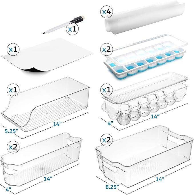 Hearth & Harbor 42 Piece Fridge Organizer Bins - Set of 24 Clear Bins with 12 Shelf Liners, 3 White Boards and 3 Markers - St