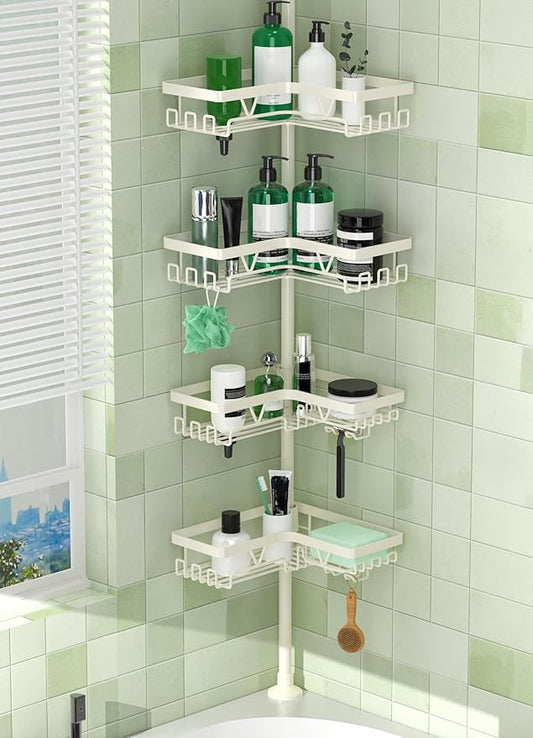 Corner Shower Caddy Tension Pole, 4-Tier Adjustable Corner Shower Caddy with Soap Dish & Razor Holder, Stainless Steel Tensio
