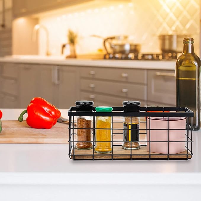 TIEYIPIN Farmhouse Decor Metal Wire Storage Baskets, Wood Base Containers Organizing Basket Caddy Bin for Kitchen Cabinets, B