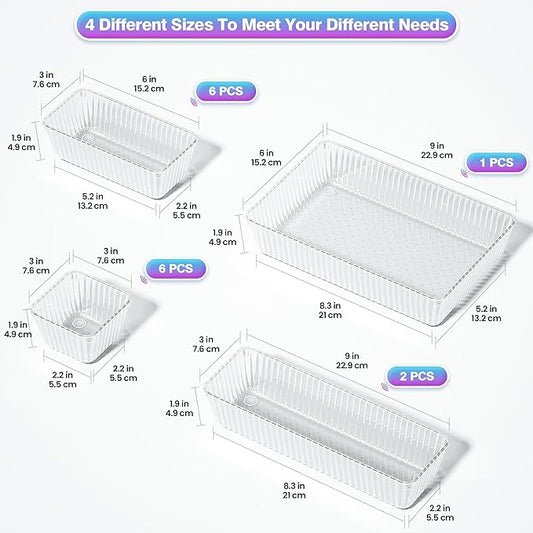 15 PCS Clear Plastic Drawer Organizer Set - 4 Sizes Makeup Organizer Desk Drawer Divider Bathroom Organizers and Storage Bins