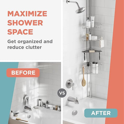 Zenna Home Tension Pole Shower Caddy Corner Organizer, Adjustable Standing Shower Caddy with 3 Shelves and Soap Tray, Rust Re