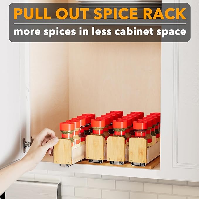 SpaceAid Bamboo Pull Out Spice Rack Organizer for Cabinet, Heavy Duty Slide Out Seasoning Kitchen Pantry Sliding Vertical Org
