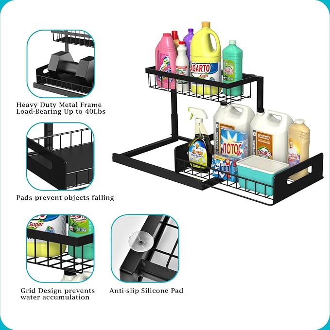 REALINN Under Sink Organizer, Pull Out Cabinet Storage 2 Tier Slide Out Sink Shelf, Kitchen Organizers and Storage, Black, 1 
