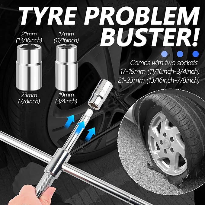 Extended Lug Nut Removal Tool Kit with 4 Way Lug Wrench,23" Telescopic Tire Iron Lug Wrench with 2 Standard Sockets(17,19,21,
