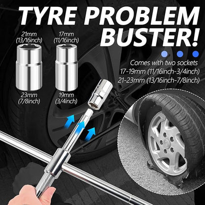 Extended Lug Nut Removal Tool Kit with 4 Way Lug Wrench,23" Telescopic Tire Iron Lug Wrench with 2 Standard Sockets(17,19,21,