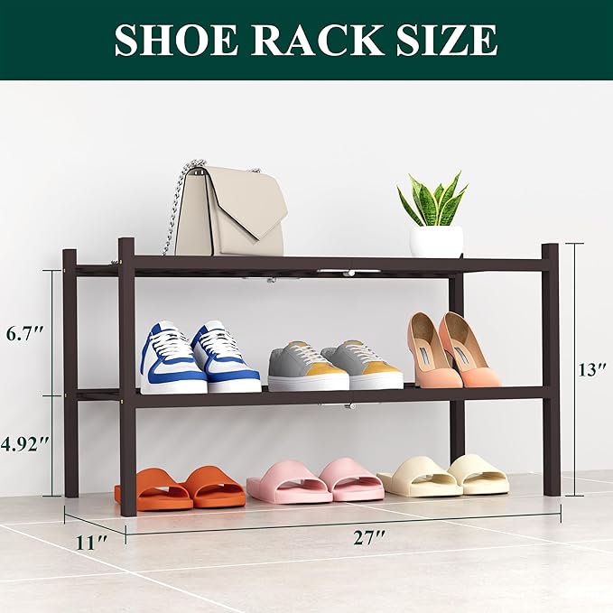 Smiry Shoe Rack, 2 Tier Thick Bamboo Shoe Organizer, Stackable Free Standing Wooden Shoe Storage Shelf for Closet, Entryway, 