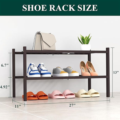 Smiry Shoe Rack, 2 Tier Thick Bamboo Shoe Organizer, Stackable Free Standing Wooden Shoe Storage Shelf for Closet, Entryway, 