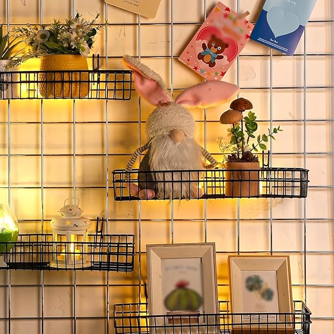 4 Pack 15.75 x 6 x 2.36 Inch Metal Grid Wall Baskets with Hooks, Hanging Wire Grid Basket, Multi-Function Wall Mounted Organi