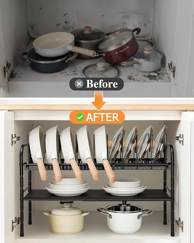 HULISEN Pots and Pans Organizer Under Cabinet, Expandable 2-Tier Pots and Pans Lid Storage Rack Holder with 10 Dividers, Adjustable Height Under Sink Organizer, Maximize Kitchen Storage Space