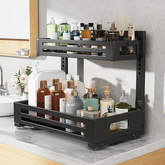 2 Pack 17IN-Depth Under Sink Organizer,Pull Out Cabinet Organizer With Smooth Cylindrical Rail,Metal Slide Out Drawer for Kit