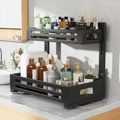 2 Pack 17IN-Depth Under Sink Organizer,Pull Out Cabinet Organizer With Smooth Cylindrical Rail,Metal Slide Out Drawer for Kit
