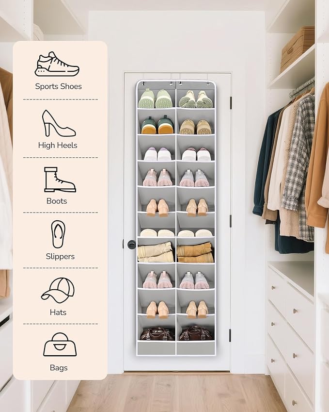ULG Over The Door Shoe Organizer for Closet Fit 24-32 Pairs with Large Deep Pockets, Narrow Shoe Rack for Door Hanging Boots 