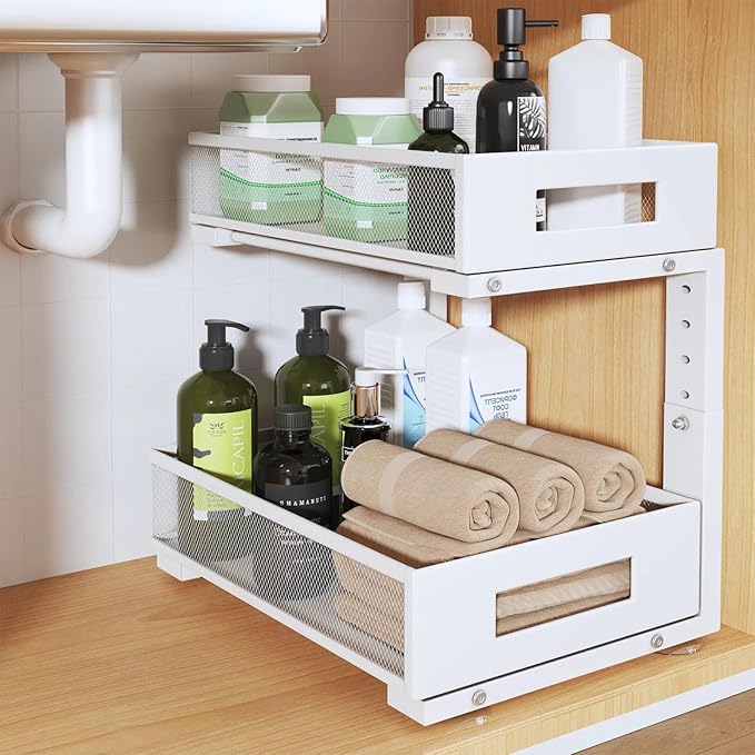 Under Sink Organizer, 2-Tier Dual Pull Out Cabinet Organizer Drawers With Smooth Circular Rail, Large Capacity Metal Mesh Sli