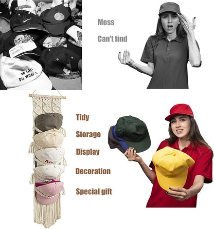 jontell Boho Baseball Cap Hanger-1 Pack-Macrame Hat Organizer for Ball Caps Holder Over Door, Hat Rack for Wall, Cap Rack for