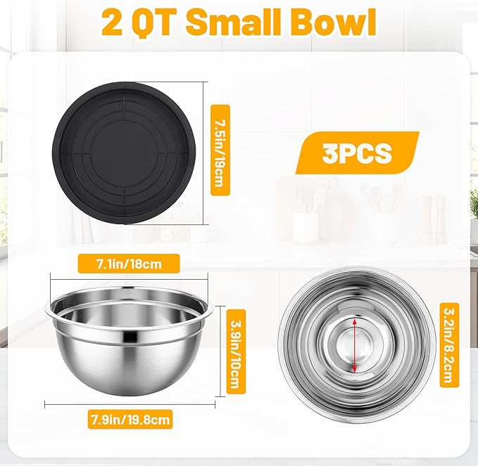 Beasea Stainless Steel Mixing Bowl Set of 3, 2 QT Stackable Metal Mixing Bowls with Lids for Baking, Prepping, Serving, Stainless Nesting Bowl with Black Lids for Kitchen, Salad, Dough