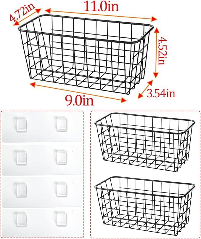 Black Hanging Wall Baskets,inside cabinet door organizer,Adhesive Wire Wall Storage Baskets for Pantry and organizer, Kitchen